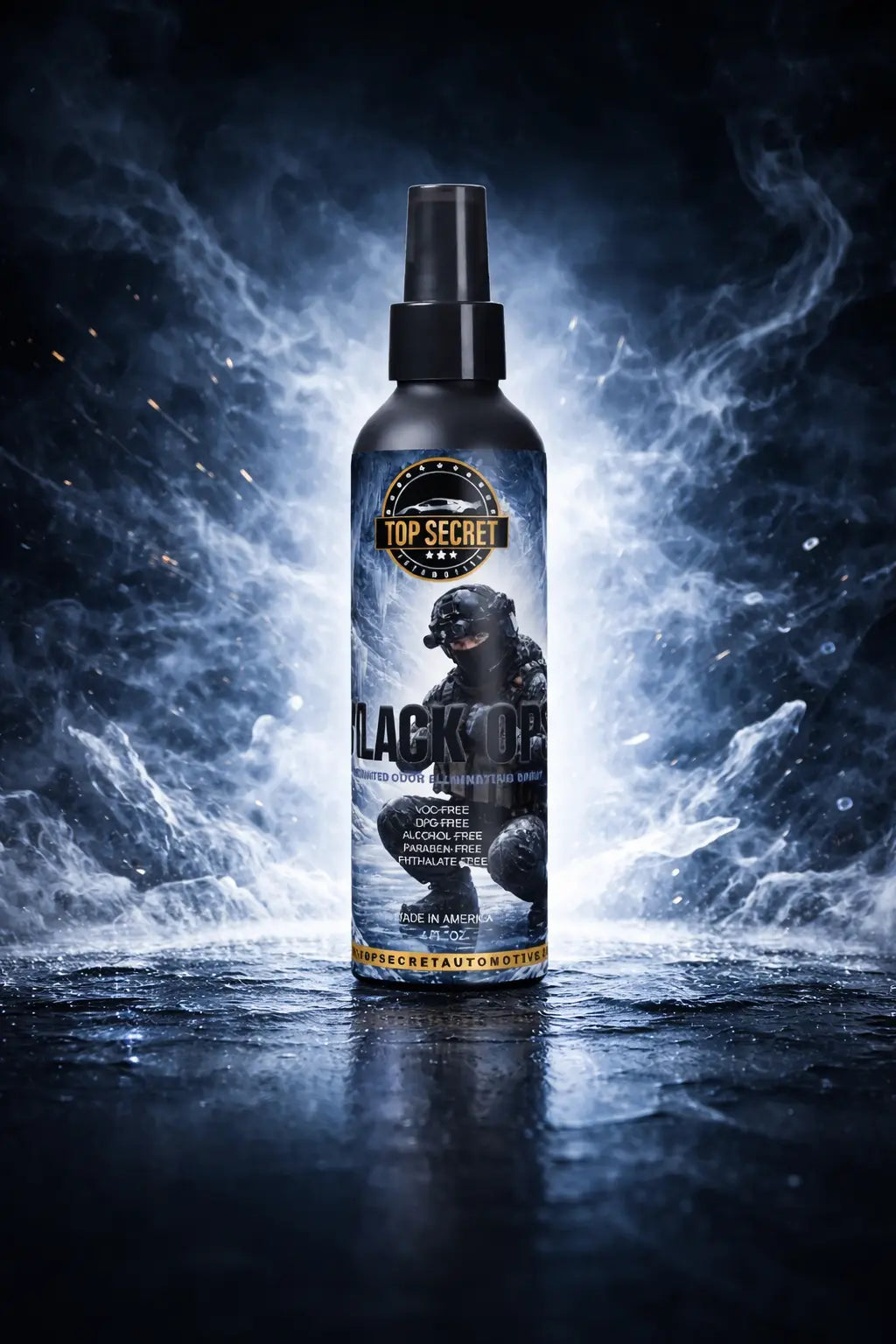 Bottle of Top Secret Black Ops in a dramatic setting with blue and black tones.