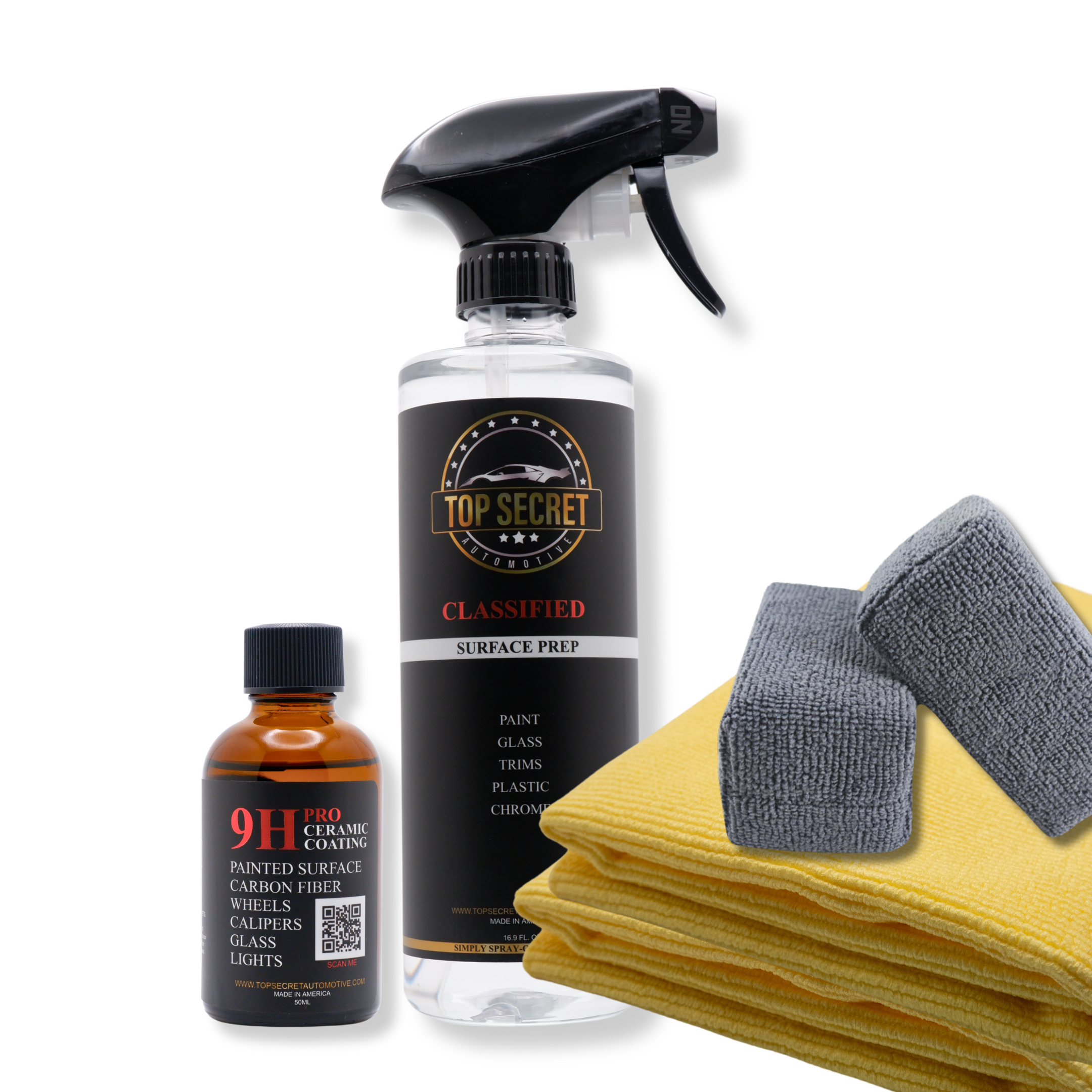 Car care products including a surface prep, 9H ceramic coating, microfiber applicators, and towels on a white background.