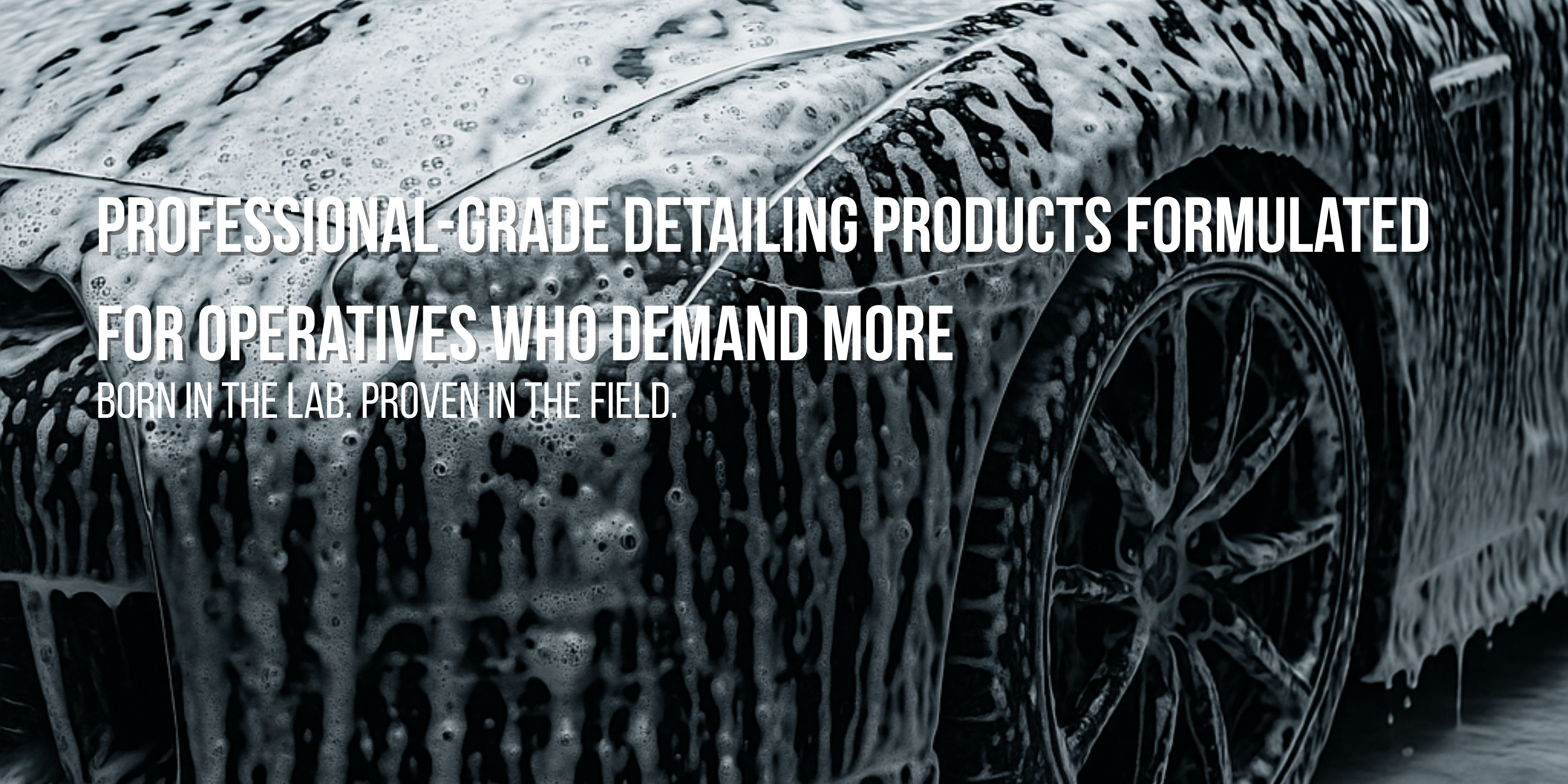 Car covered in soap suds with text about professional-grade detailing products.